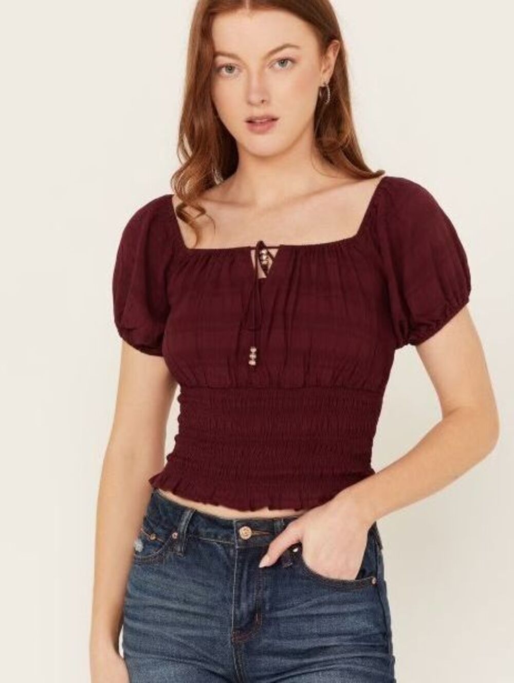 Shyanne Western Burgundy Smocked Puff Sleeve Top size XS